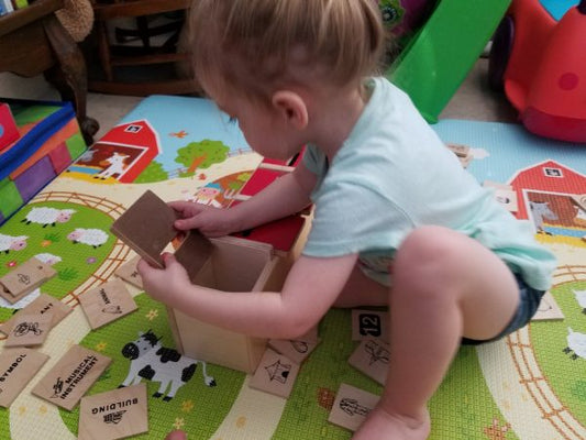 Toddler playing on a colorful farm-themed play mat, placing wooden blocks into a small wooden box.