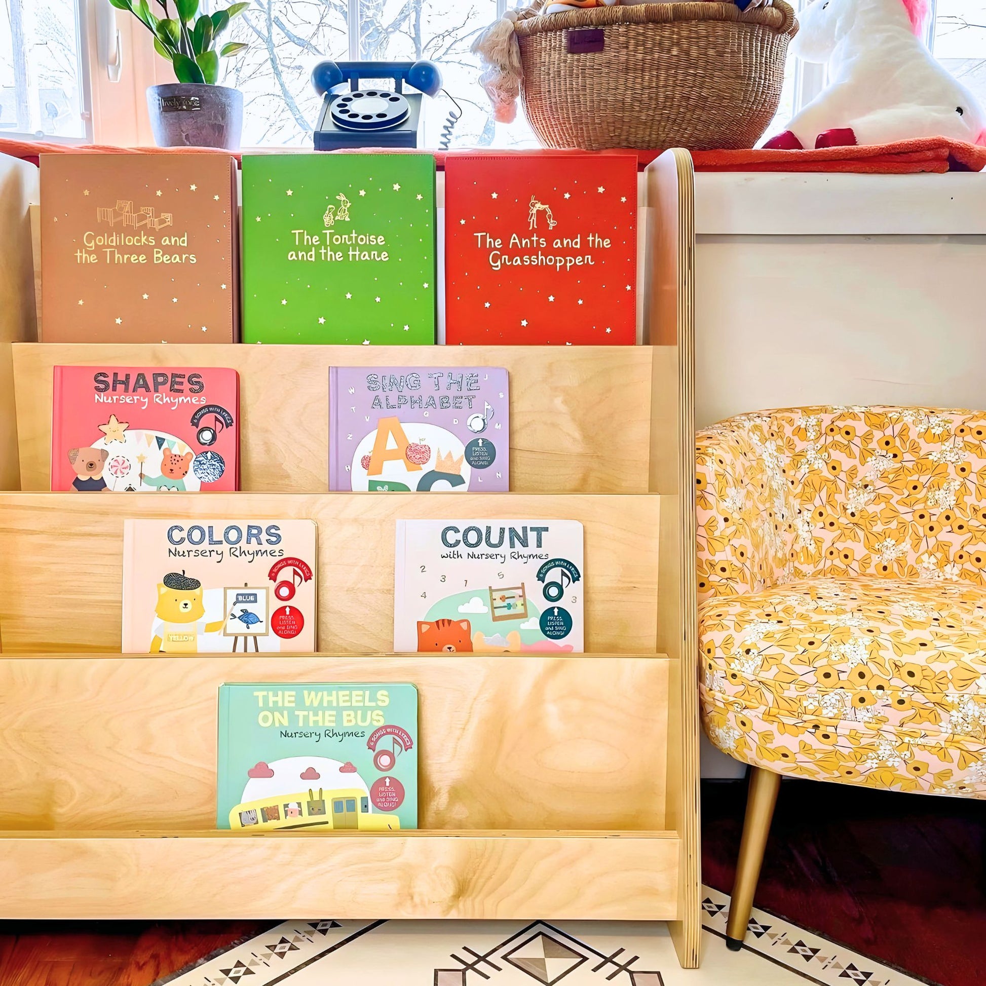 Tiered Montessori Bookshelf with books