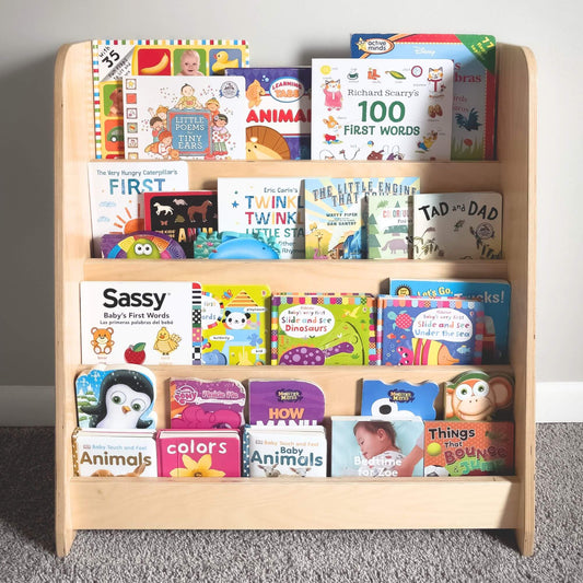 montessori bookshelf full of childrens books