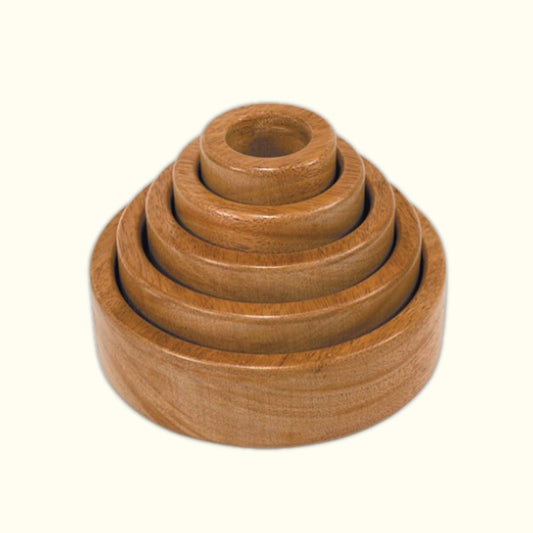 Wooden stacking rings nested inside each other from largest at the bottom to smallest at the top.