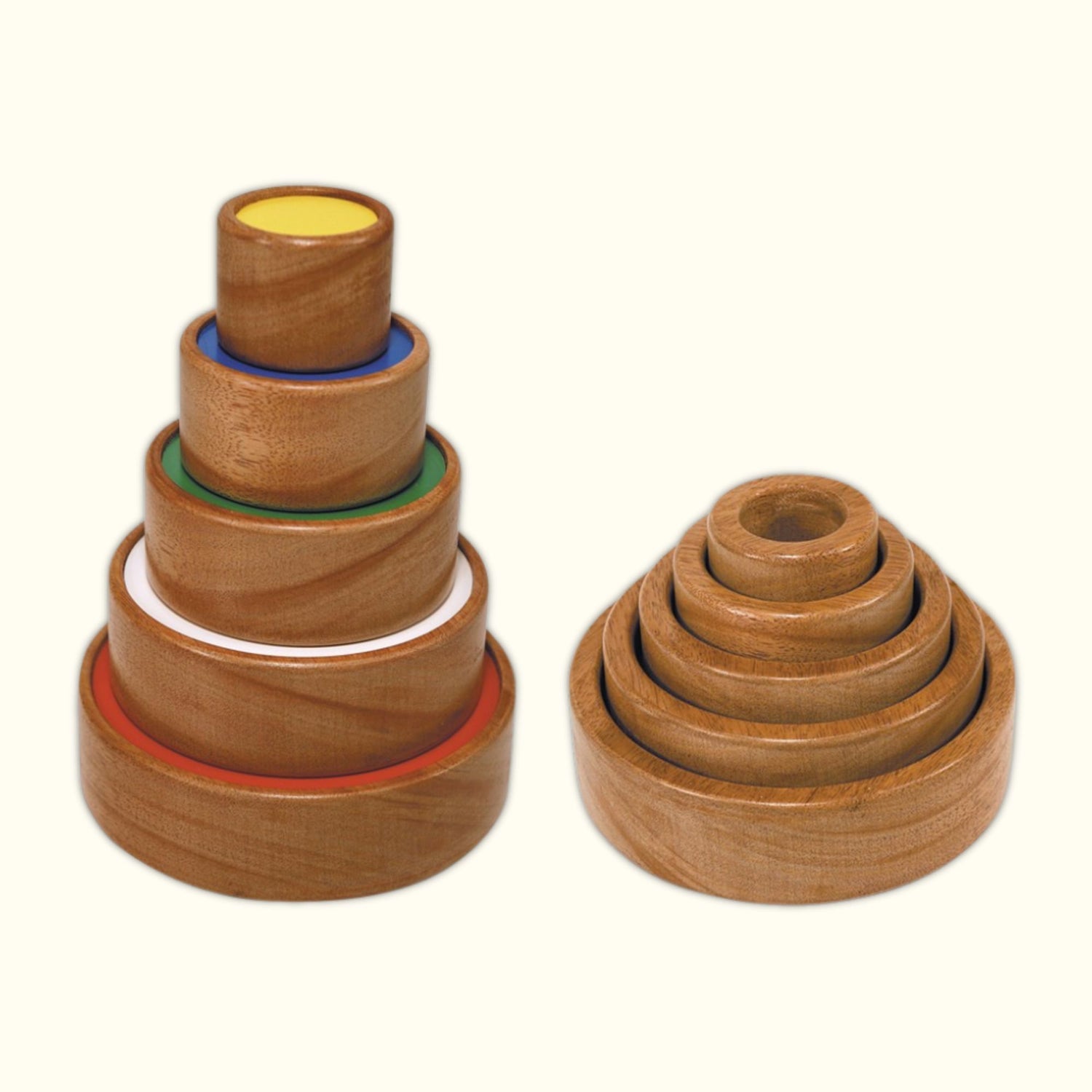 Two wooden stacking ring towers, one fully stacked in rainbow order and the other nested inside each other from largest to smallest.