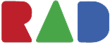 Logo with the letters 'RAD' in red, green, and blue on a white background