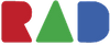 Logo with the letters 'RAD' in red, green, and blue on a white background