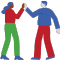 Two animated characters in red and blue outfits standing next to each other on a plain background