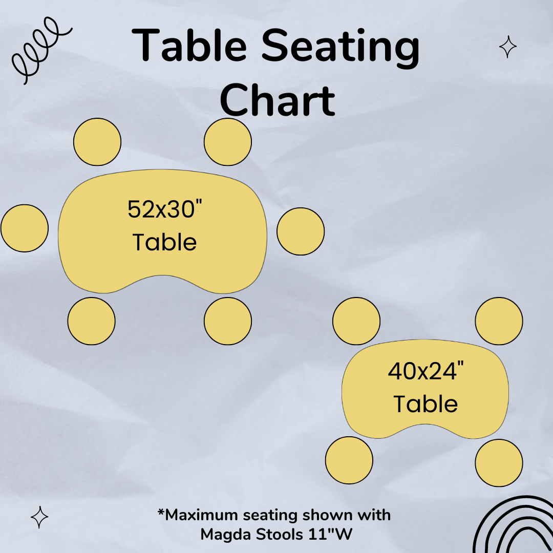Table seating chart with two table sizes and corresponding stool dimensions on a light gray background.