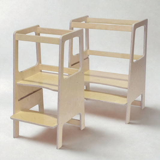 Two different sized learning towers for toddlers to help in the kitchen.  Also called toddler towers.