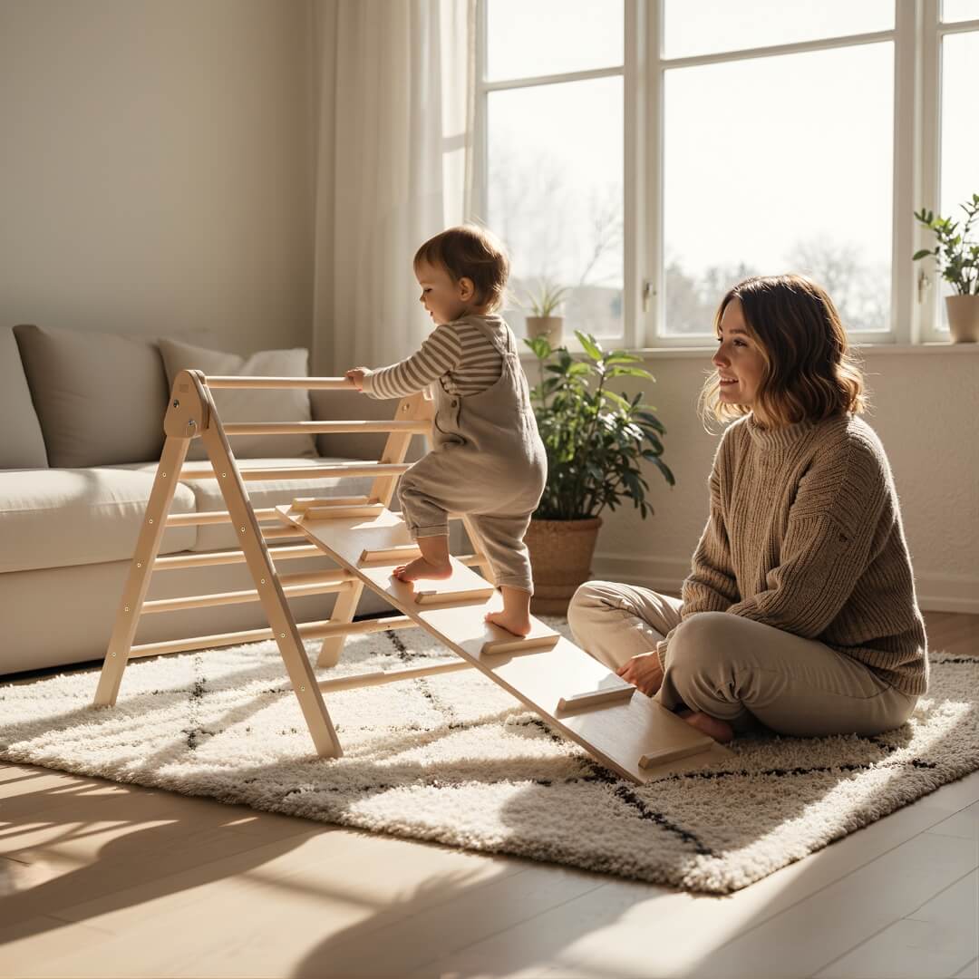 Woman sitting on the floor next to a child on a wooden climbing toy in a bright living room.