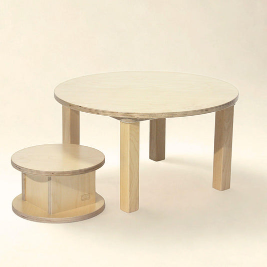 wooden table for infants and toddlers. round 24 inch size and toddler stool