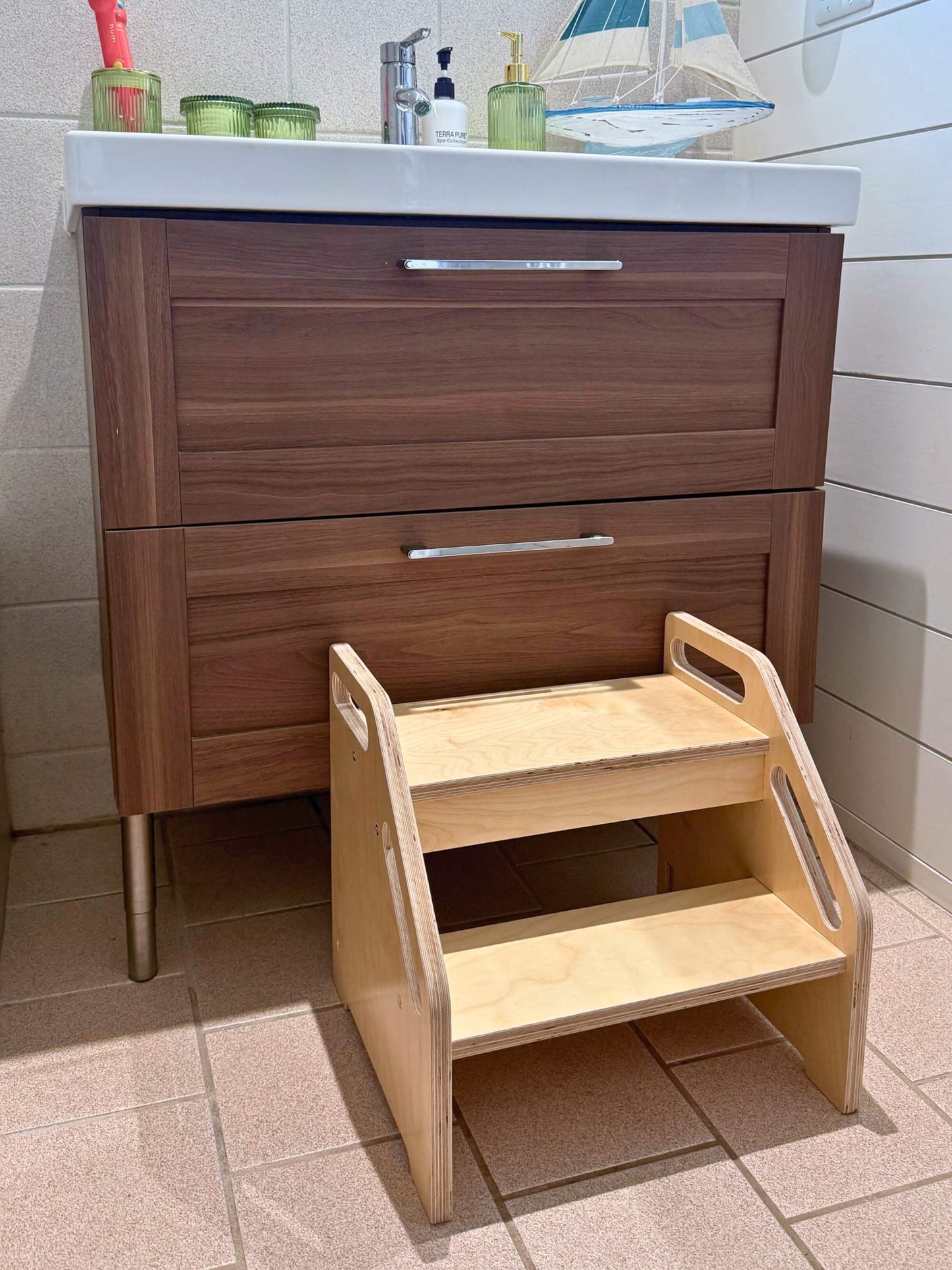 two step stool for kids in bathroom
