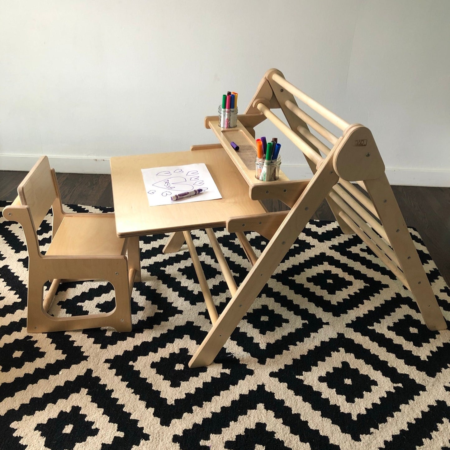 pikler triangle with montessori kids chair and desk