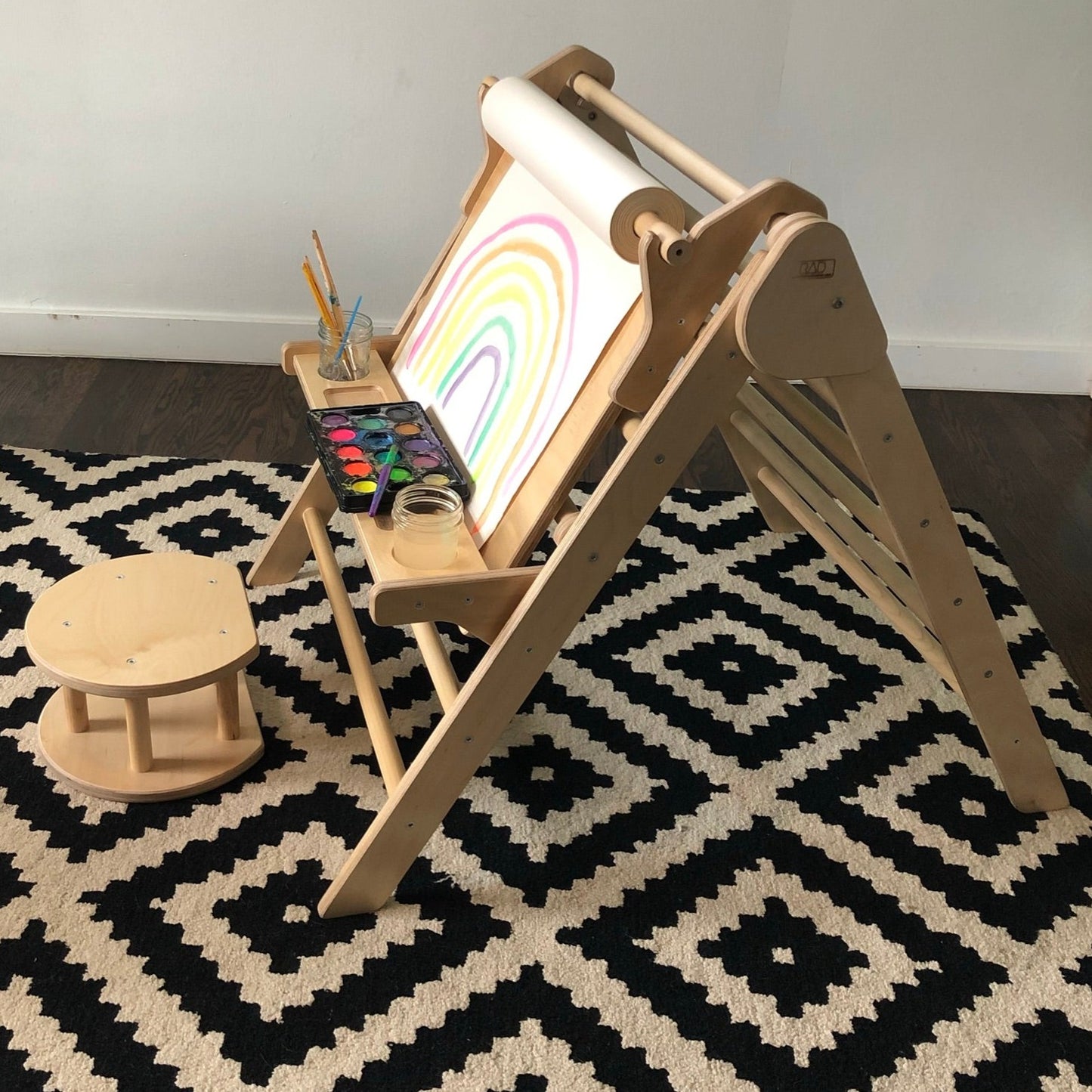 rainbow pikler triangle with easel and toddler stool