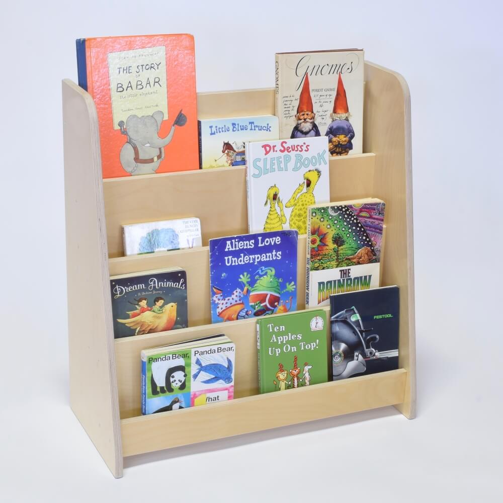Montessori bookshelf with books displayed